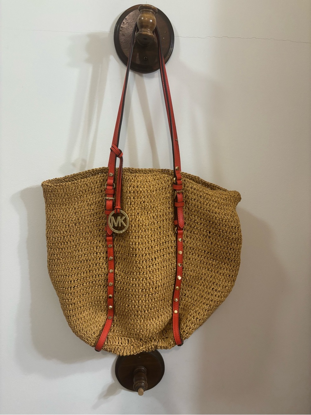 Michael Kors Straw Tote Bag with Red Leather Straps